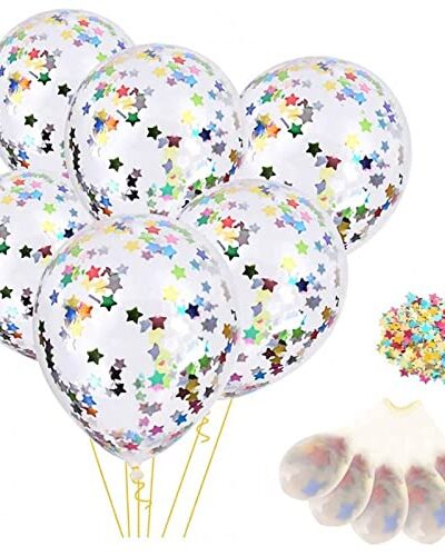 Colourful Star Confetti Balloons | 5 Pieces |12 Inch | Clear Latex Rainbow