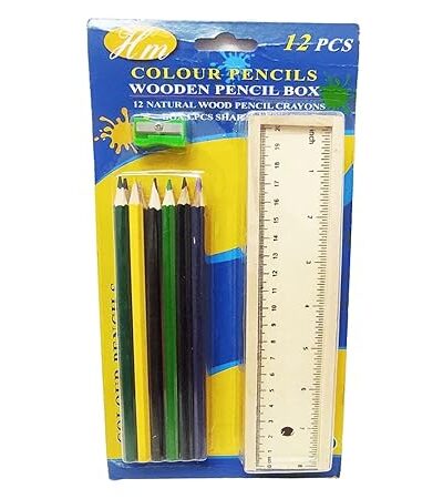 Small Wooden Colour Pencil Box Set 12 Different Crayon Colour Pencils with Scale and Sharpener